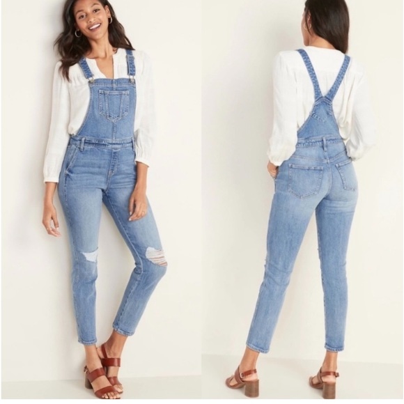 8 OLD NAVY Distressed Jean Side-Zip Overalls front fray NEW slim fit fitted 27”L - Picture 3 of 3